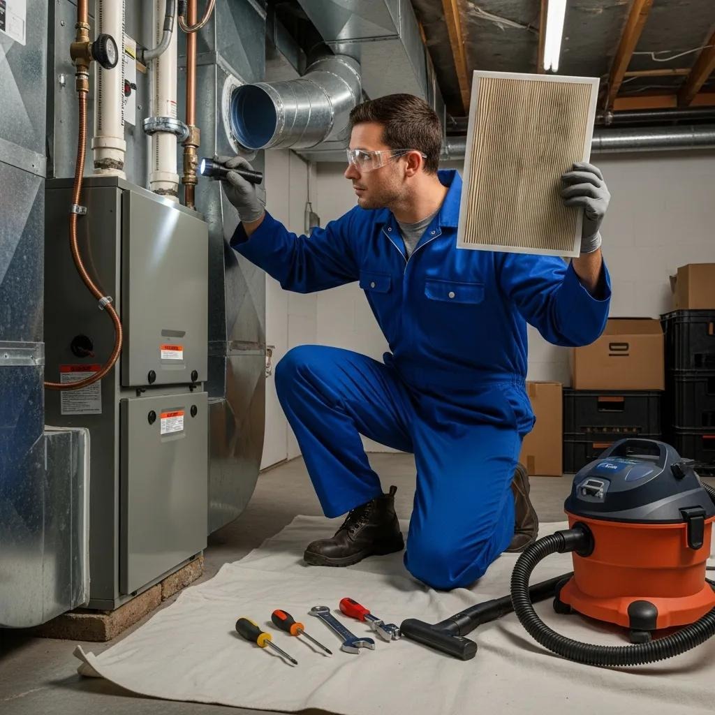 Technician maintaining HVAC system to improve indoor air quality