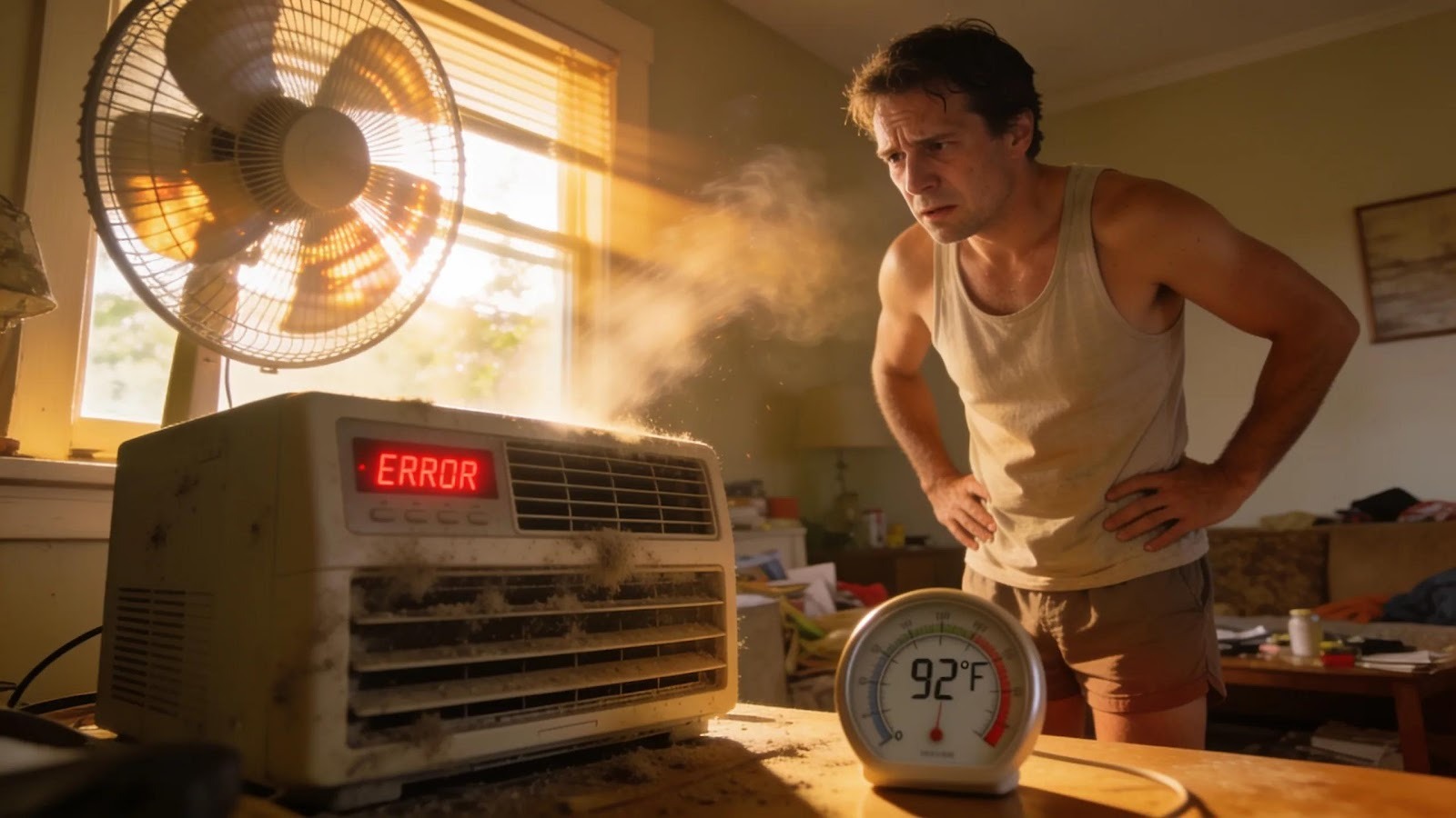 Homeowner inspecting a broken air conditioning unit during summer heat