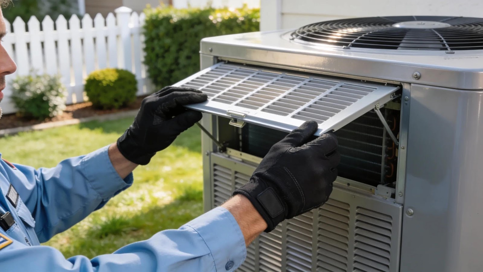 Person performing a safe inspection of an air conditioning unit