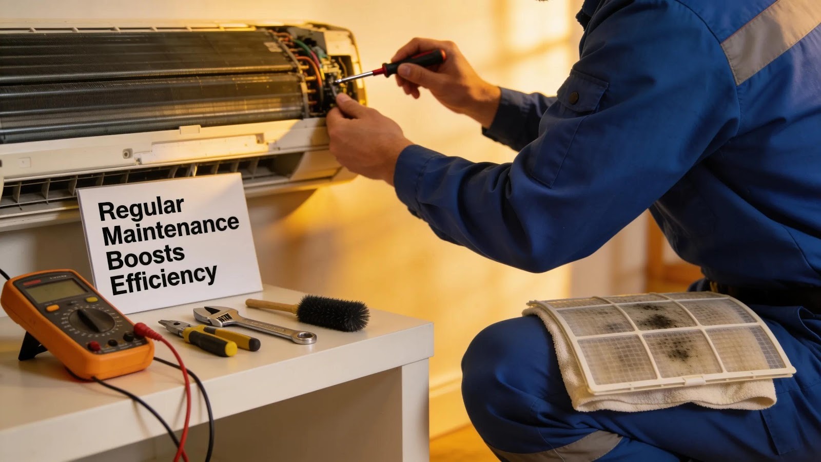 HVAC technician conducting maintenance on an air conditioning system