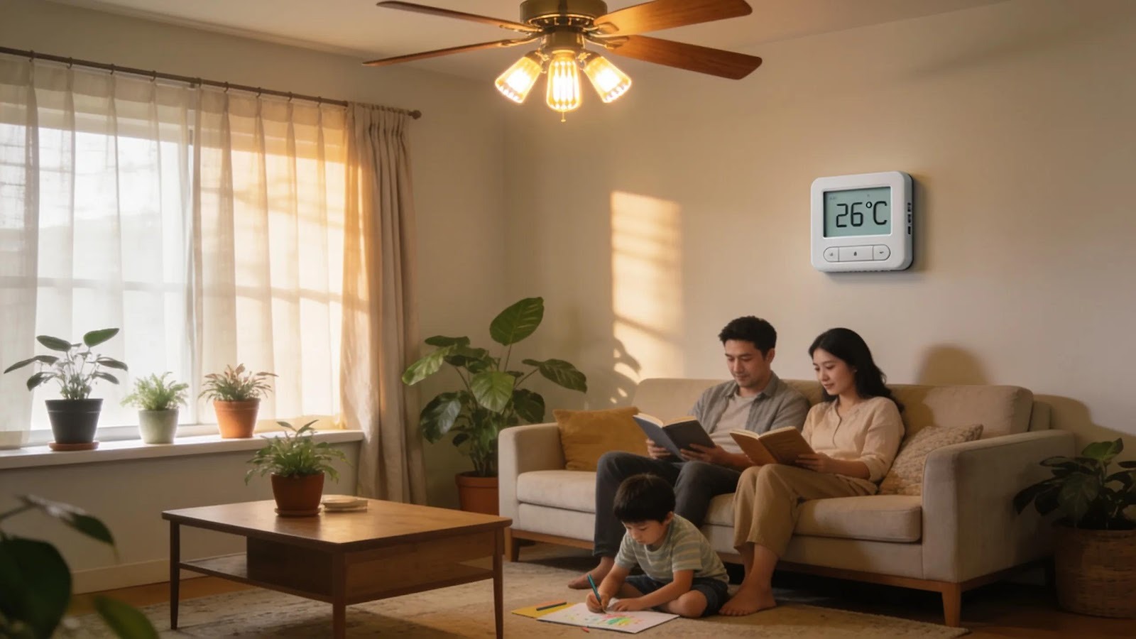 Family using energy-efficient practices in living room during heatwave with thermostat and curtains