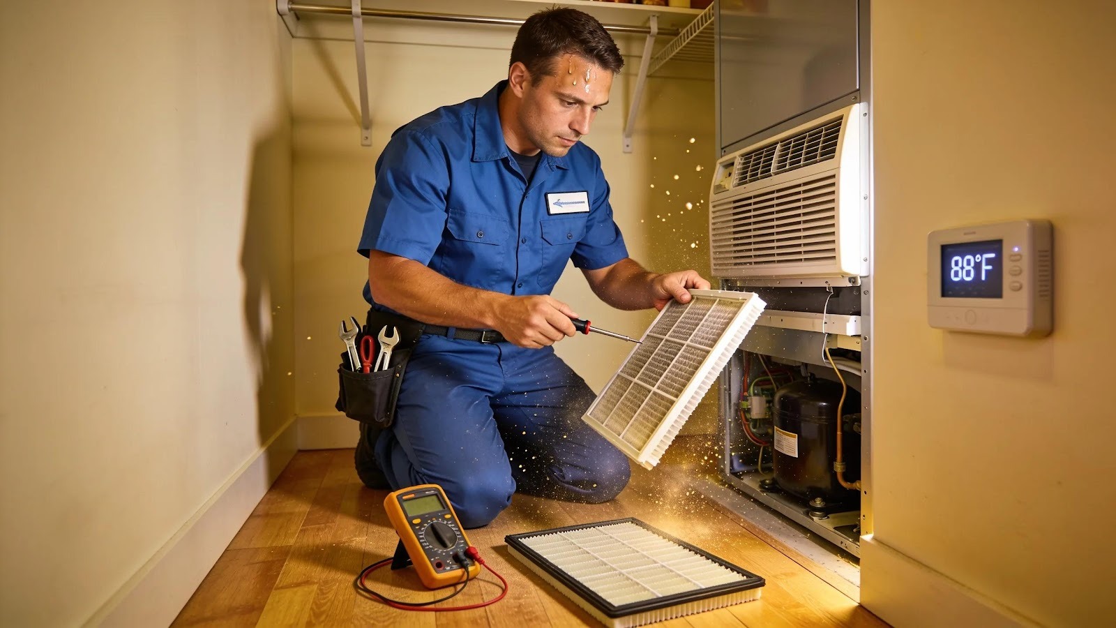 HVAC system maintenance during a heatwave with a technician inspecting the air conditioning unit
