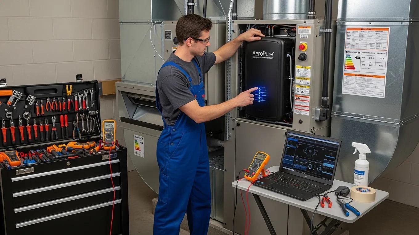 Technician inspecting HVAC system with whole-home air purifier for energy efficiency