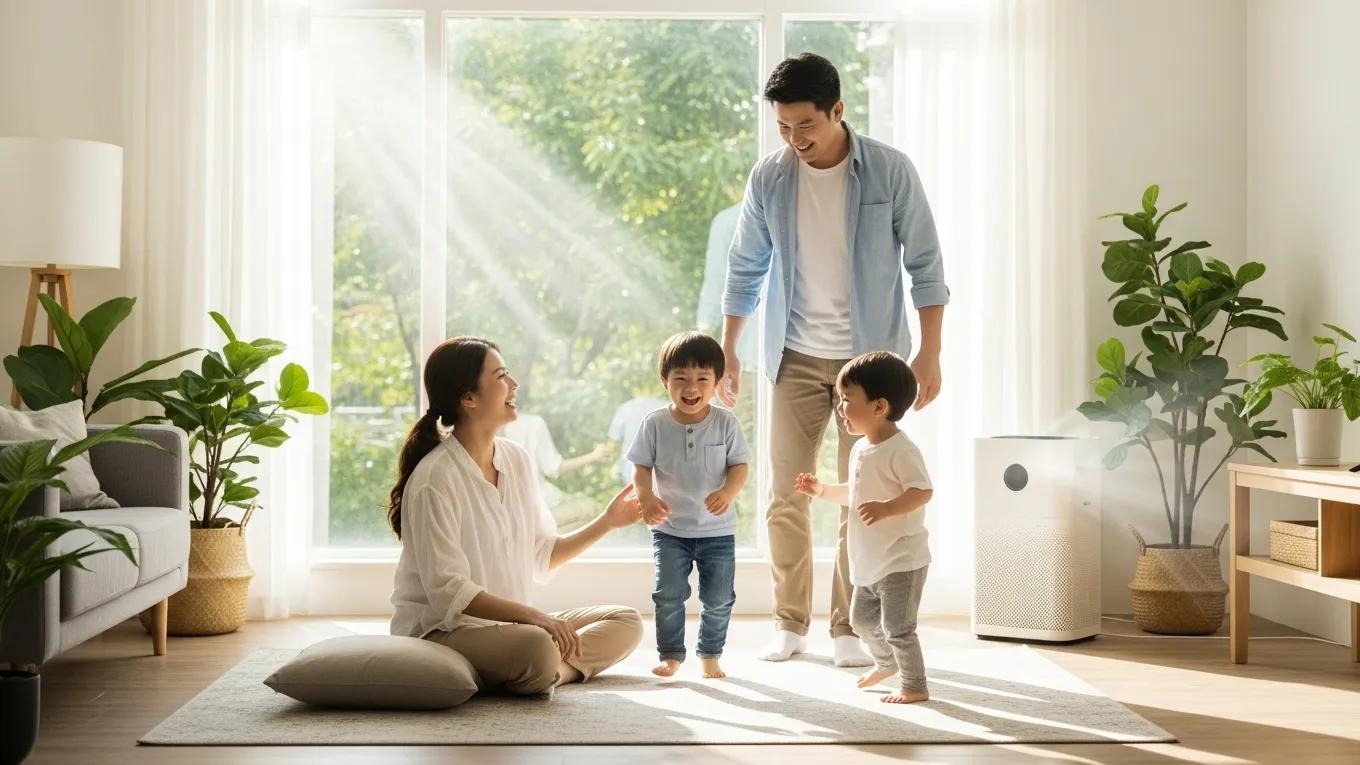 Family enjoying a healthy home environment with whole-home air purifier