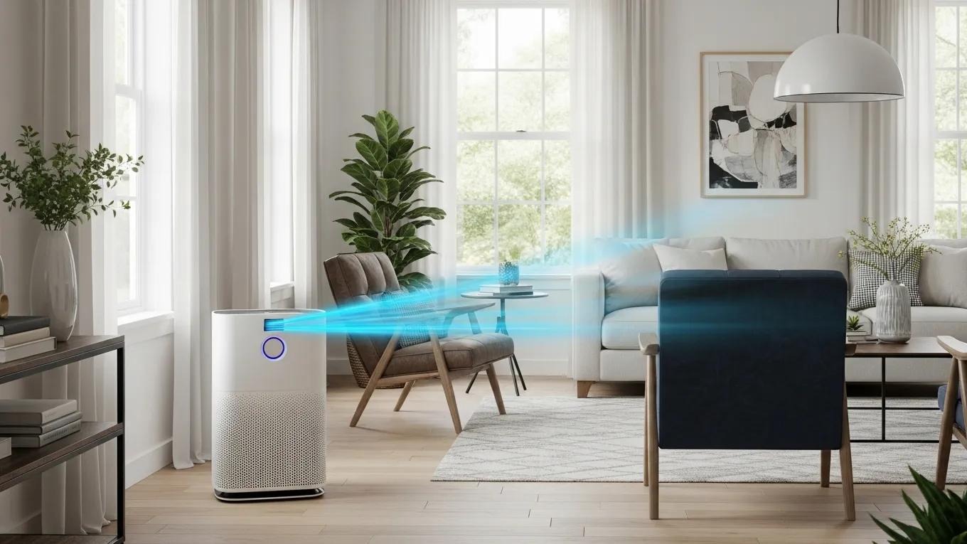 Whole-home air purifier in a modern living room enhancing indoor air quality