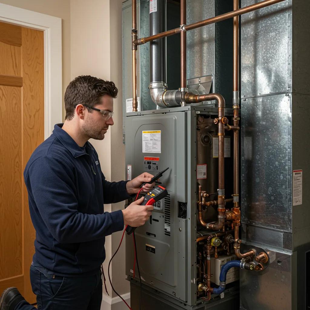 Technician performing a professional furnace tune-up in a home setting
