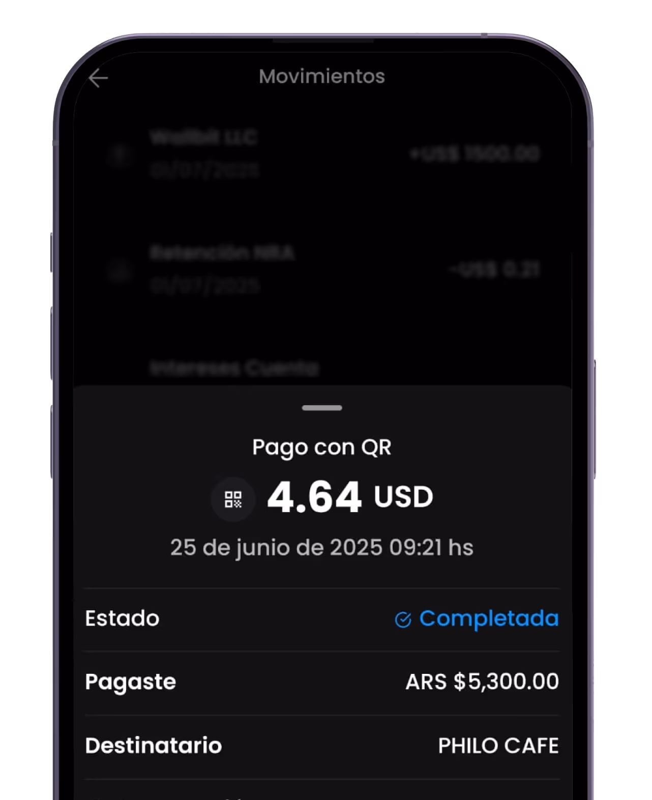 pantalla de confirmación de pago con qr en wallbit