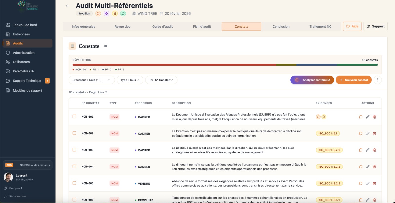 Liste des constats d'audit multi-référentiels dans iZYS Audit