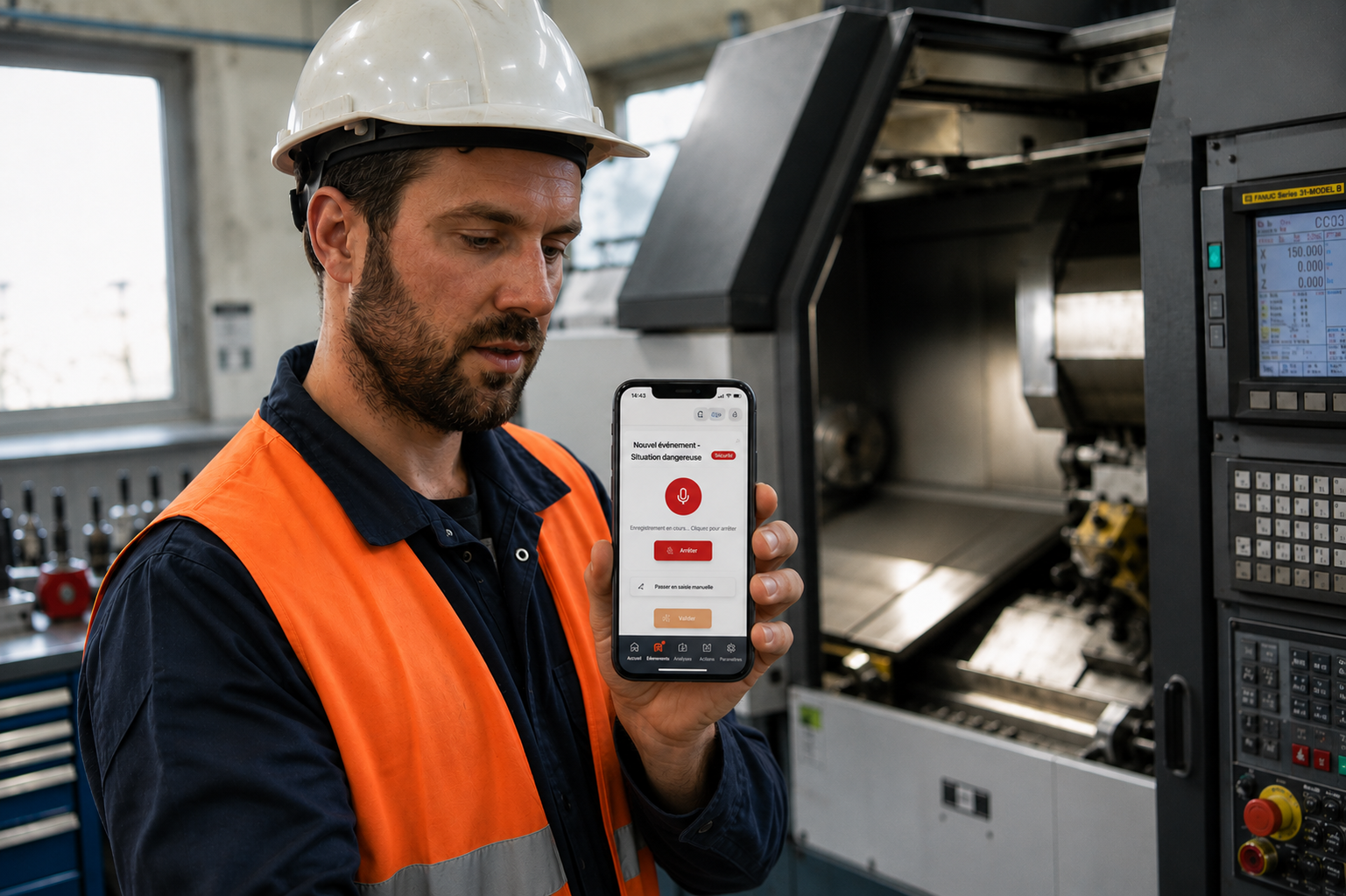 Opérateur en atelier dictant un événement QSE depuis son smartphone