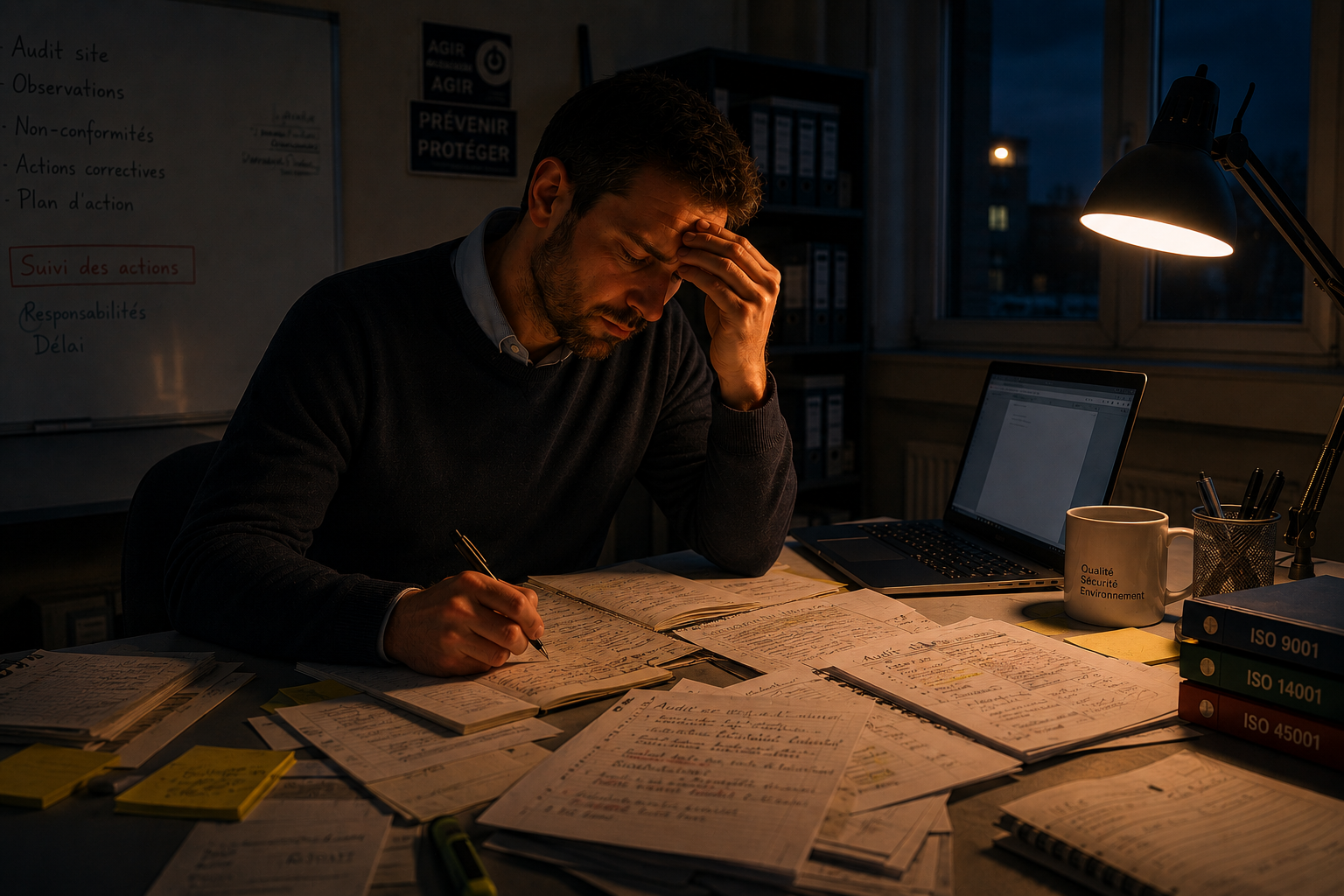 Auditeur QSE finalisant son rapport d'audit en fin de journée