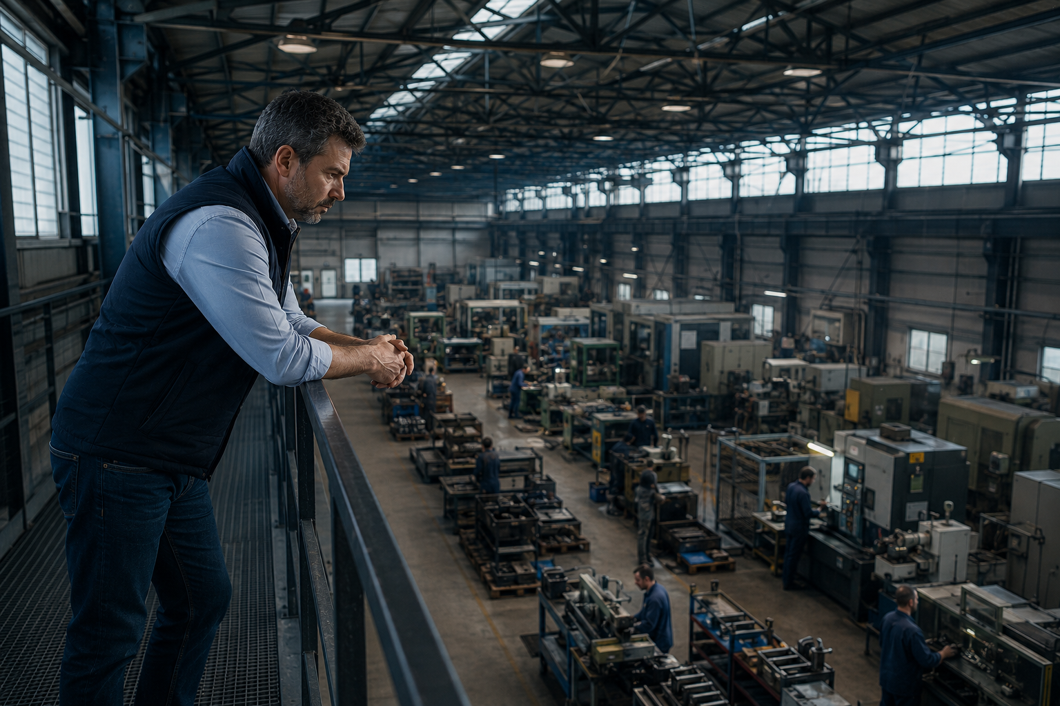 Dirigeant PME observant son atelier depuis la mezzanine — silence terrain, pas de signaux remontés