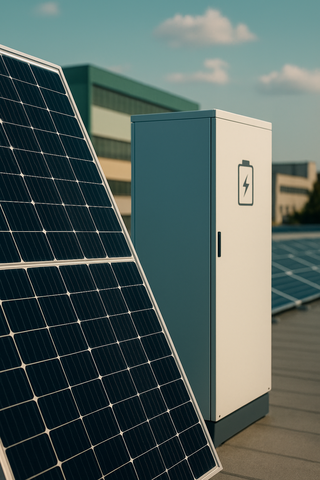 Darstellung einer Photovoltaikanlage neben einem Batteriespeicher