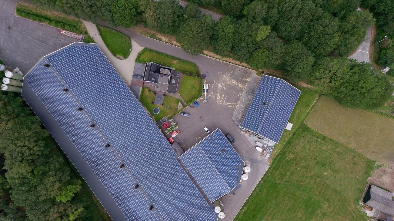 Luftaufnahme von landwirtschaftlichen Gebäuden mit großflächigen Photovoltaikanlagen beim Bauern Teus de Jong