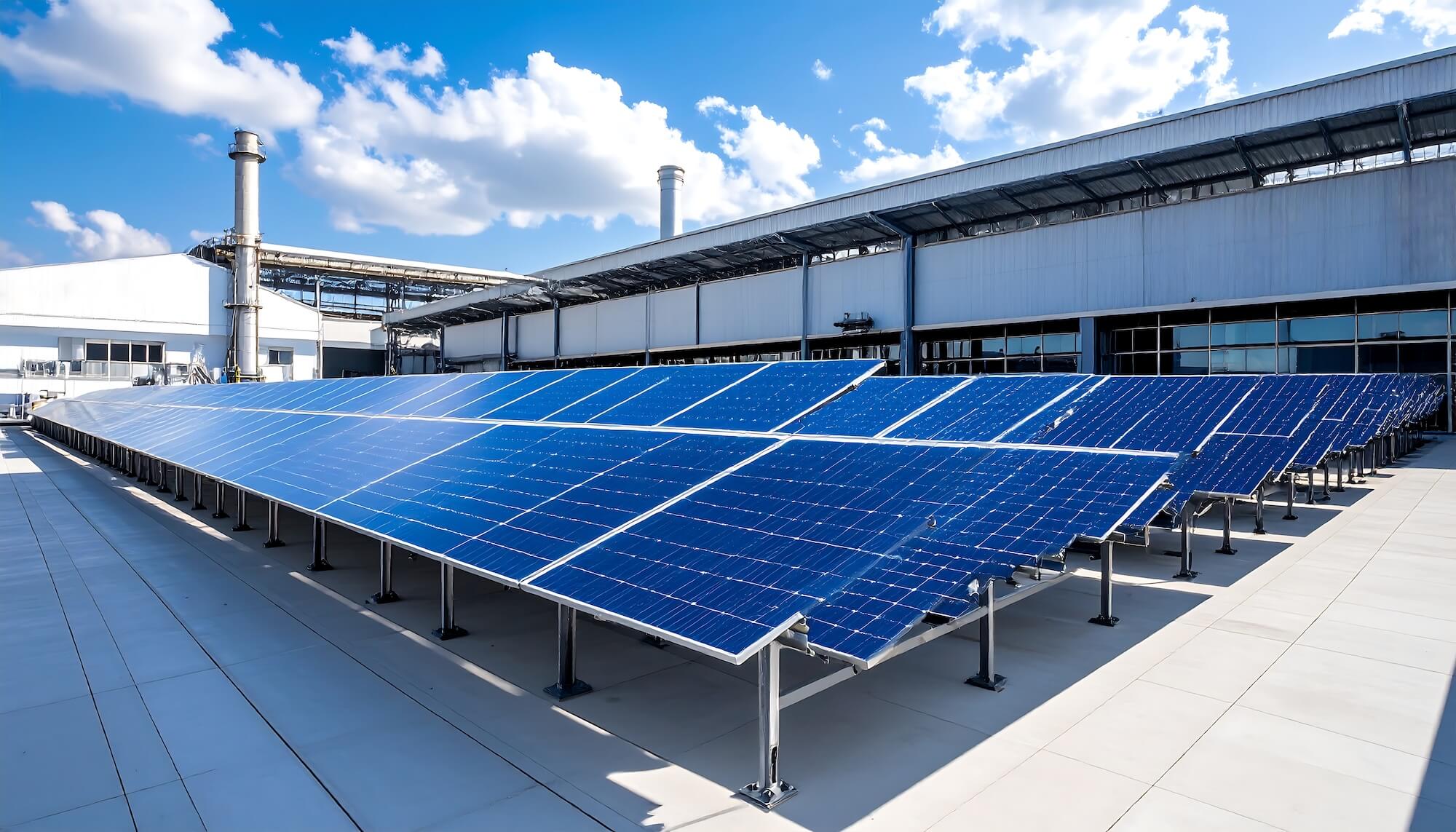 Große Solaranlage Installation auf Fabrikdach mit effizienten Photovoltaikmodulen