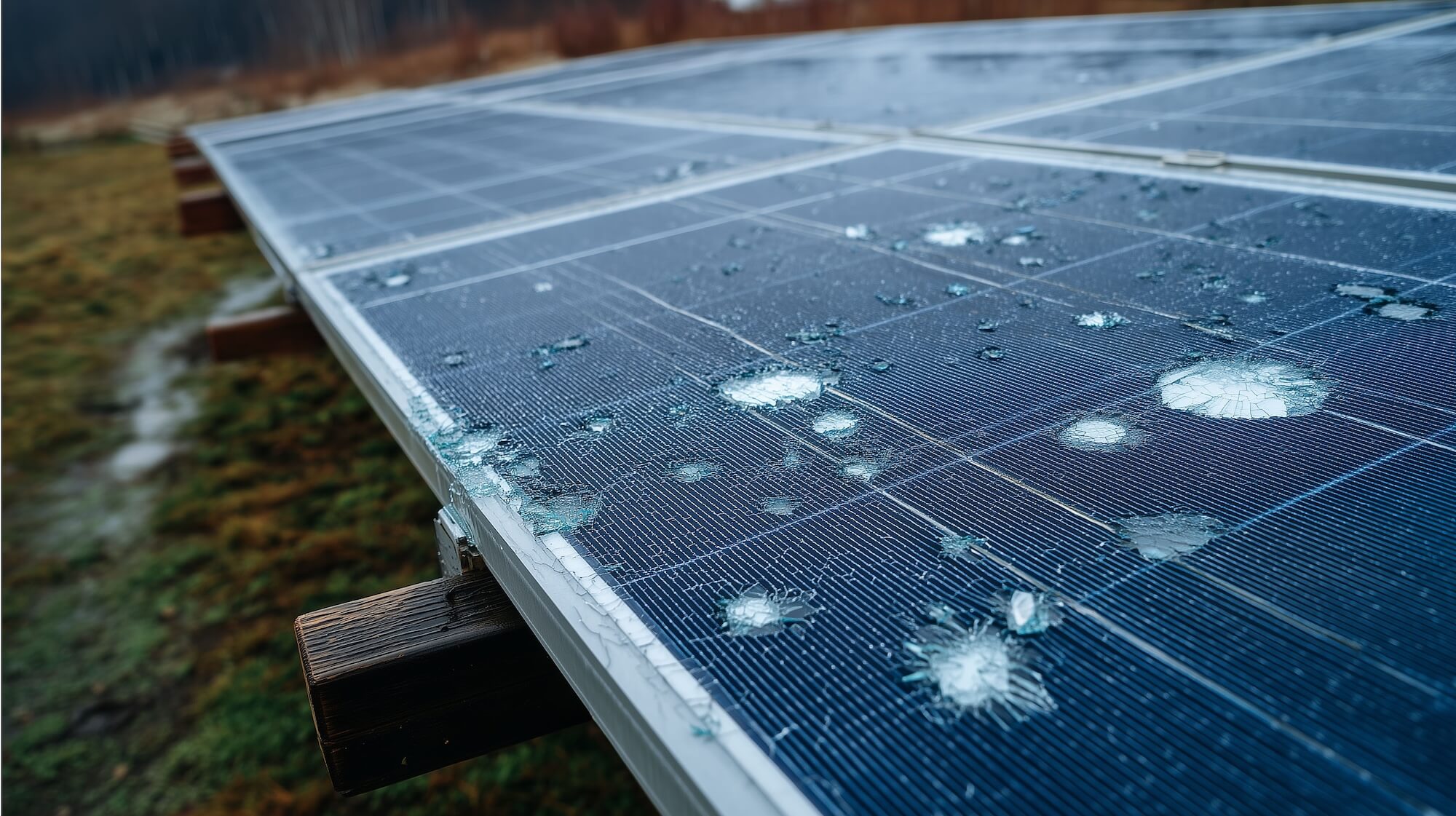 Solarmodule mit Hagelschäden - beschädigte Photovoltaikpanels nach Unwetter mit sichtbaren Aufprallstellen