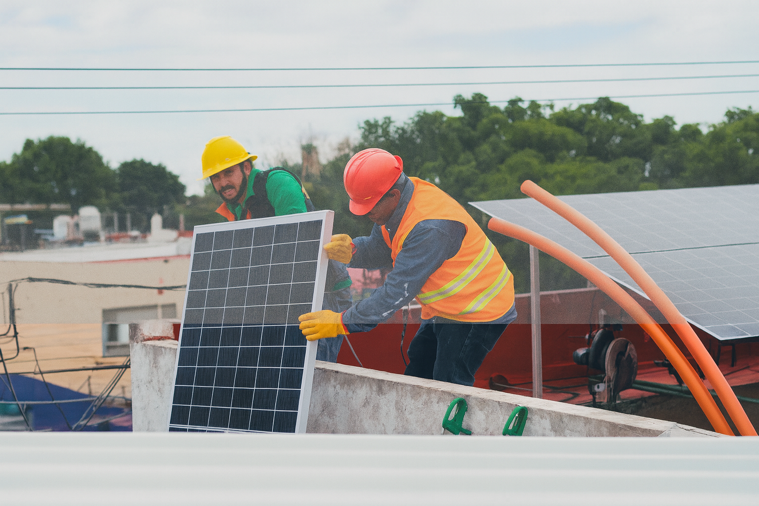 Techniker mit Schutzhelmen und Warnwesten positionieren Solarmodul auf einem Dach, Beispiel für sichere und präzise Photovoltaikmontage im Gewerbebereich.