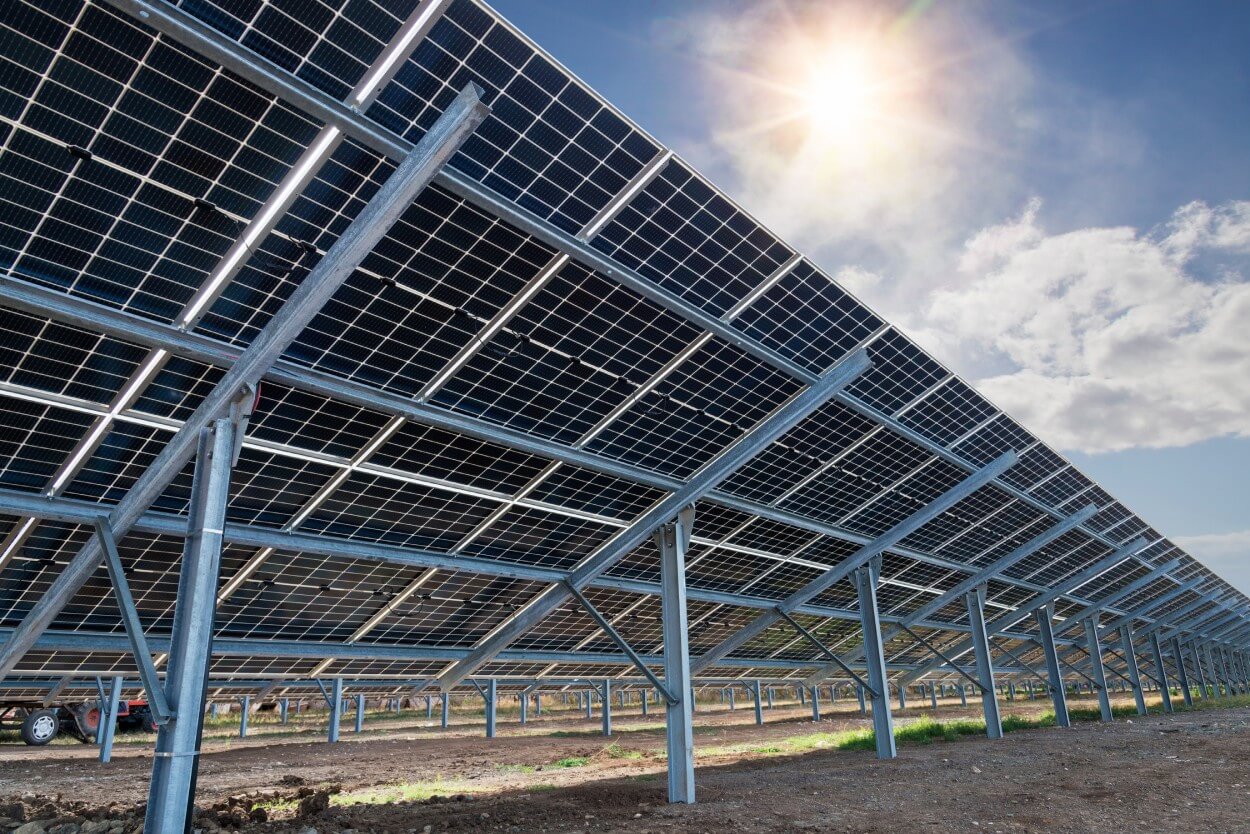 Bifaziale Solarmodule aufgeständert über einem Acker