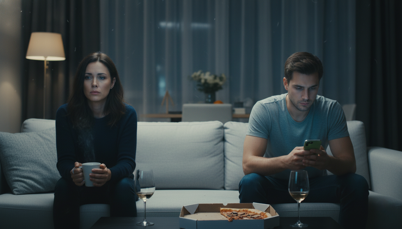 Couple sitting apart on a sofa showing emotional distance in a relationship