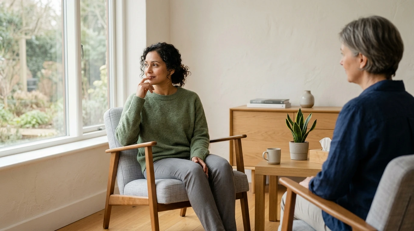 Wann brauche ich einen Psychologen – Person reflektiert über mentale Belastung in ruhiger Umgebung