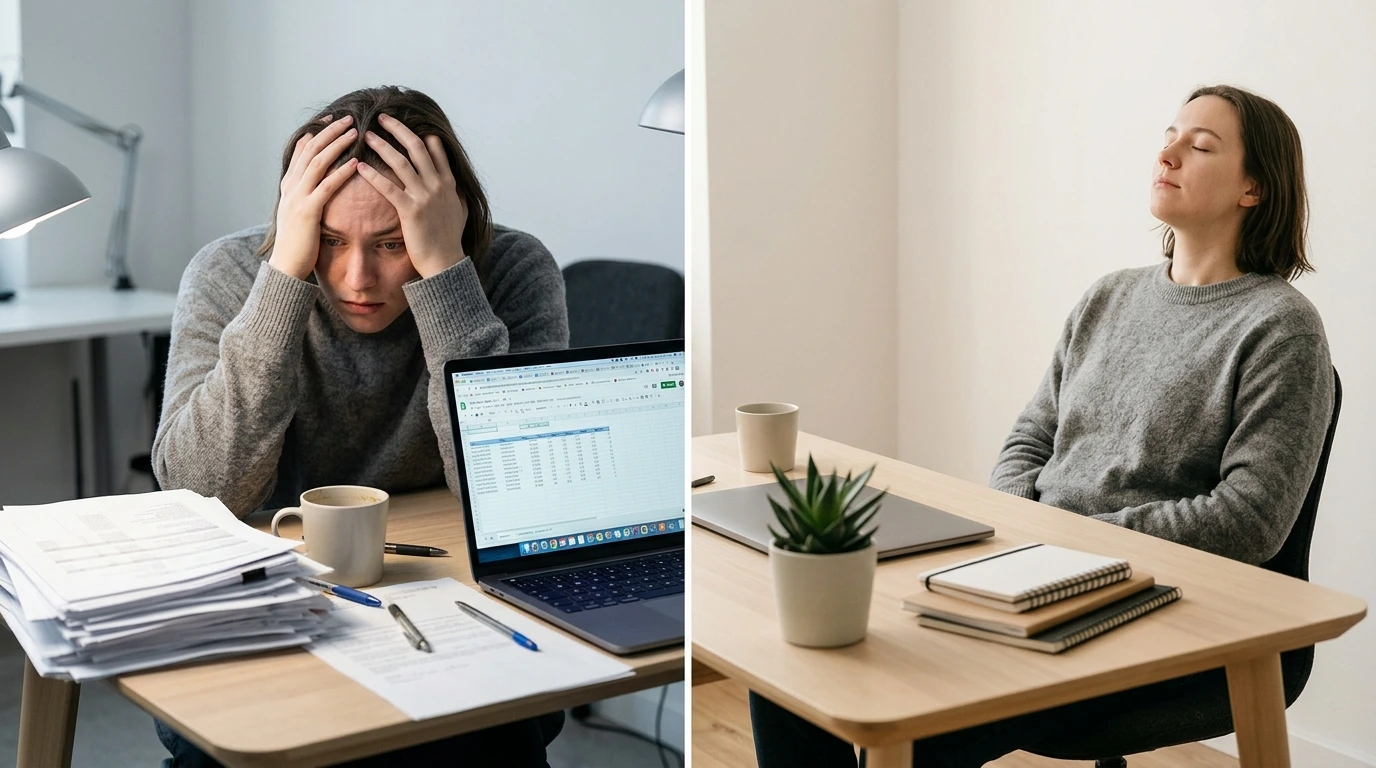Überforderung im Alltag – Person fühlt sich gestresst durch viele Aufgaben in ruhiger Umgebung