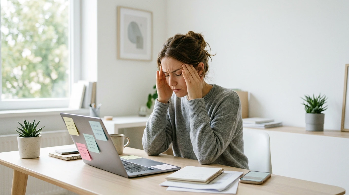 Ständig gestresst im Alltag – Person fühlt sich überfordert durch Arbeit und mentale Belastung