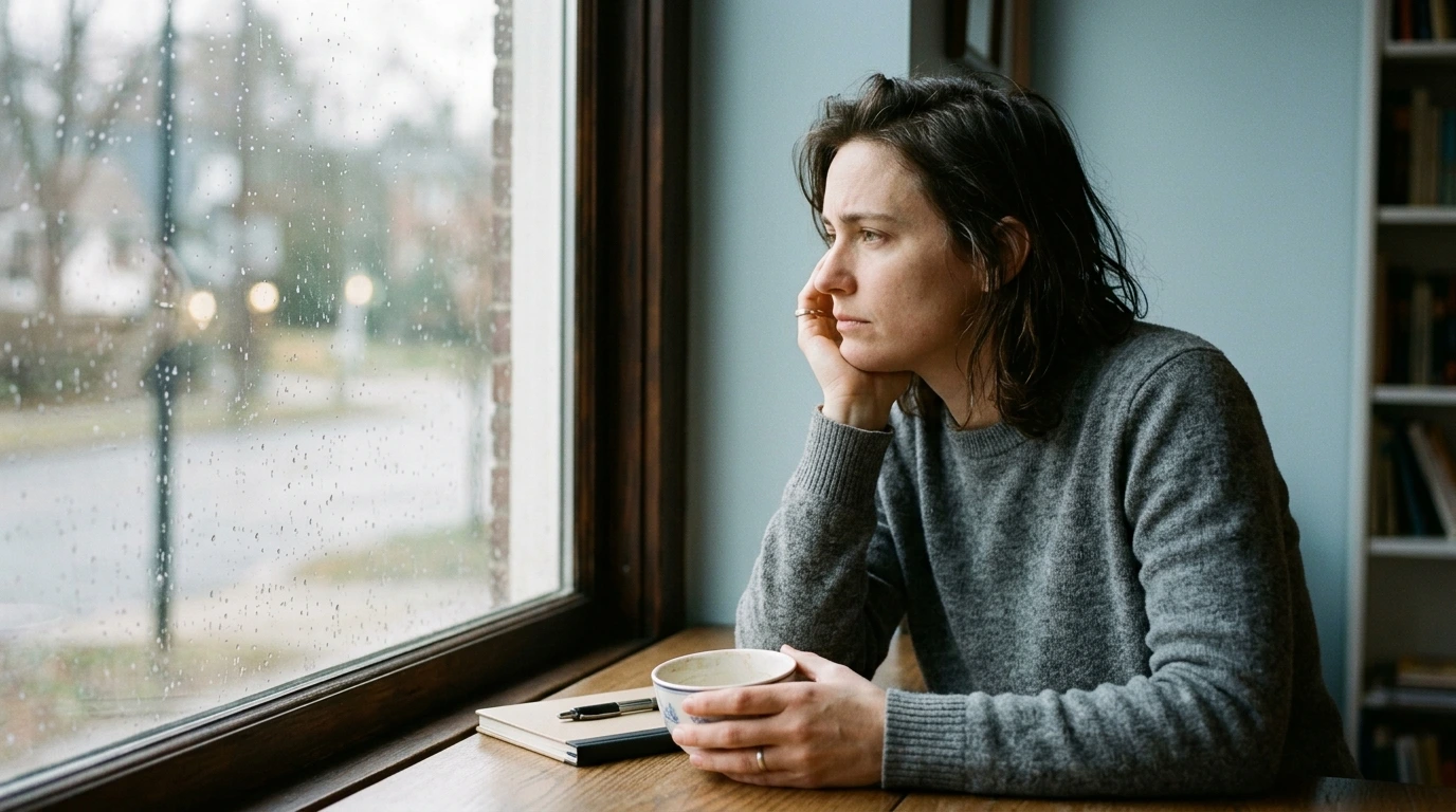 Negative Gedanken im Alltag – Person reflektiert über mentale Belastung in ruhiger Umgebung