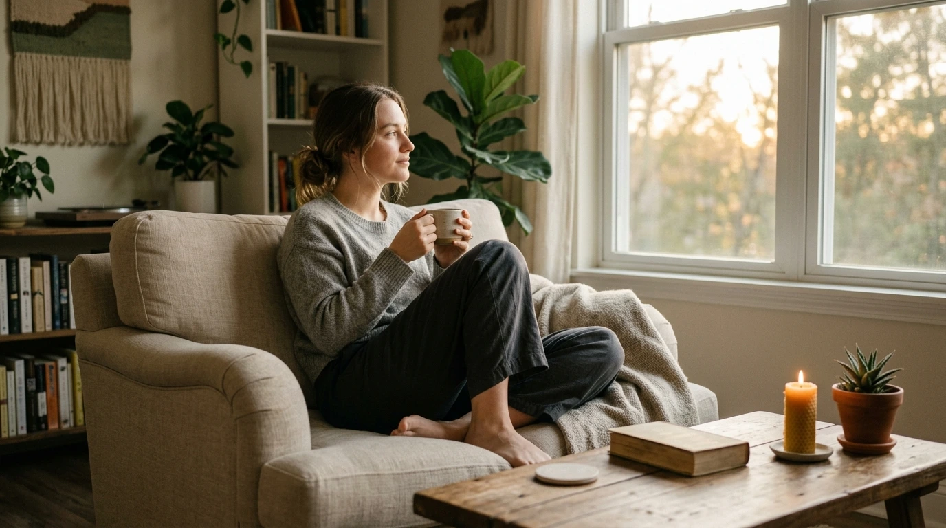 Im Alltag besser abschalten – Person entspannt sich in ruhiger Umgebung und lässt den Tag bewusst ausklingen