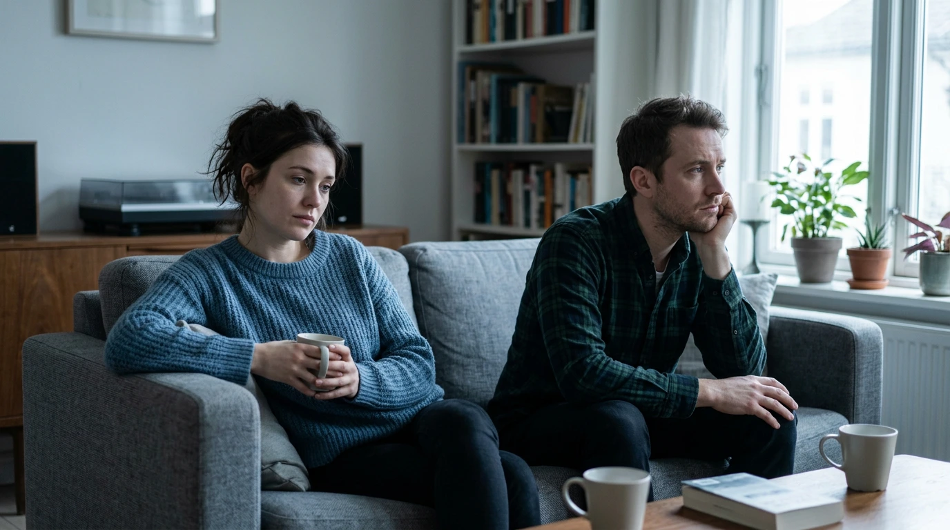 Paar sitzt nebeneinander, wirkt distanziert und nachdenklich – Konflikt über Kinderwunsch in einer Beziehung