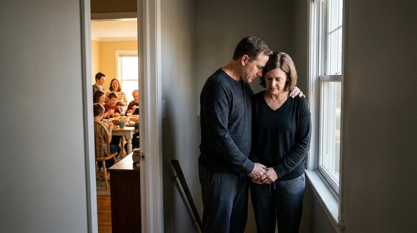 Konflikt mit Schwiegerfamilie Paar sitzt angespannt am Tisch emotionale Distanz Beziehung Stress