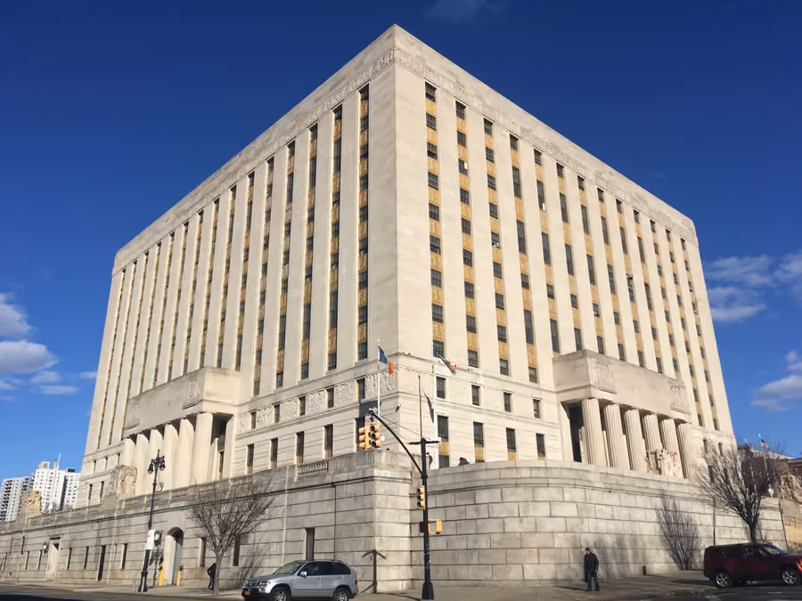 Art Deco courthouse with flags









