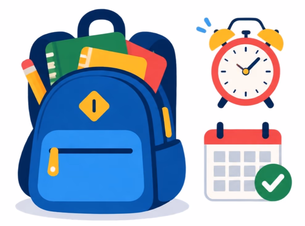 Backpack alarm clock and calendar representing school attendance tips
