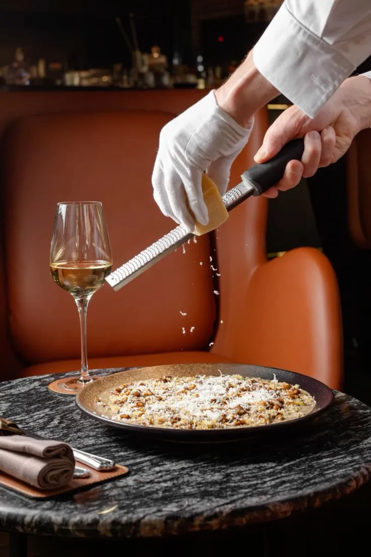 Mehrere kleine weiße Teller mit appetitlichen Vorspeisen. Jede Portion besteht aus einer gerollten Scheibe Schinken, die mit einem Blattsalat garniert ist.








hierzu auch alttext



Analyse
Eine Bedienung in weißen Handschuhen reibt Parmesan über ein Gericht, das auf einem runden Marmortisch steht. Daneben befindet sich ein Glas Weißwein.