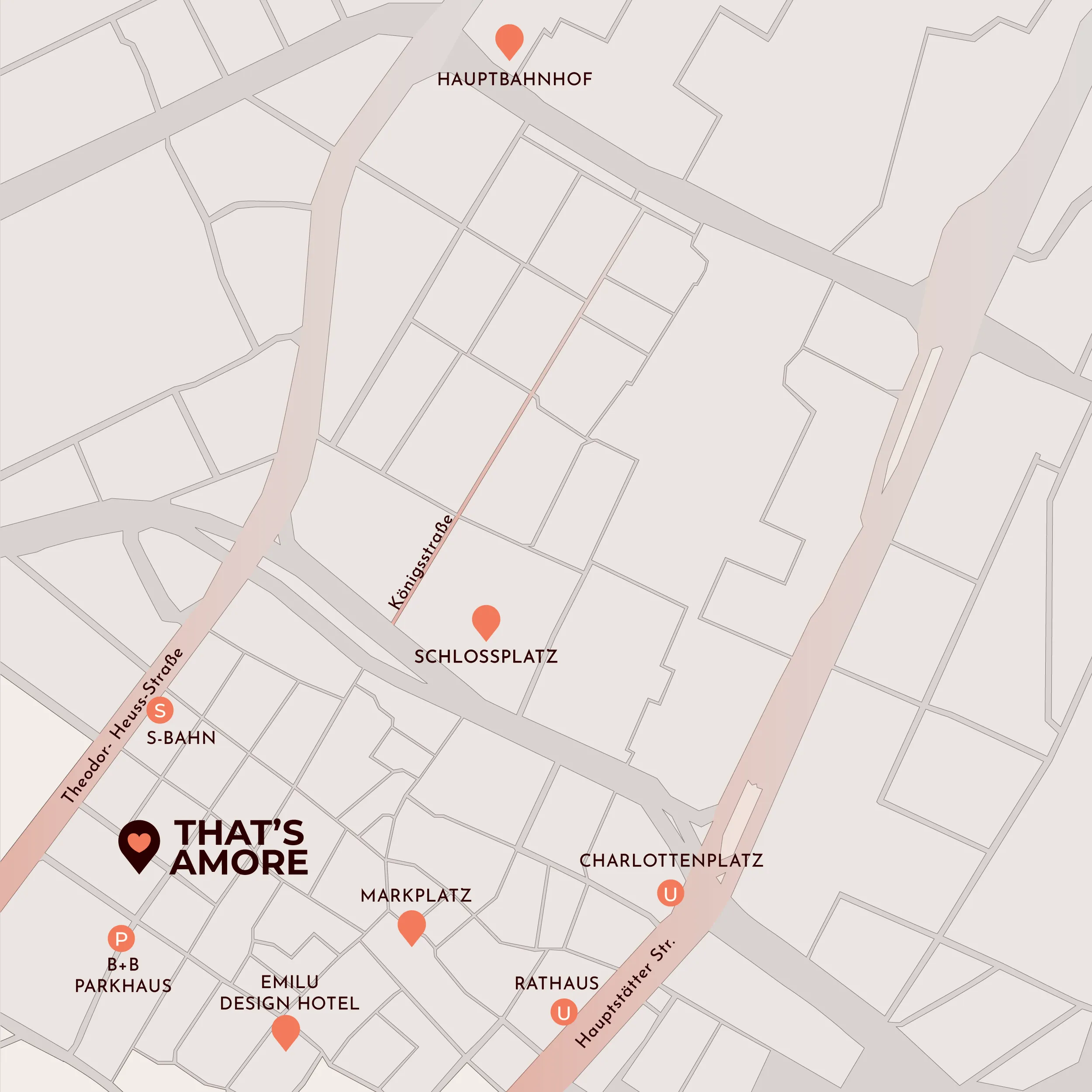 Stadtplan von Stuttgart mit Markierung des Restaurants That’s Amore in der Innenstadt, nahe Schlossplatz, Marktplatz, Rathaus und Charlottenplatz sowie in direkter Nähe zum EmiLu Design Hotel und B+B Parkhaus.