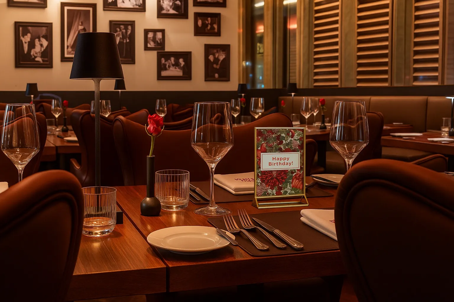 Ein Tisch in einem eleganten Restaurant, der für ein Geburtstagsessen gedeckt ist. Auf dem Holztisch befinden sich Teller, Besteck und Weingläser. In der Mitte steht eine kleine schwarze Lampe, eine Vase mit einer roten Rose und ein aufgestelltes Schild mit der Aufschrift „Happy Birthday!“, das von roten Blumenmustern umgeben ist. Im Hintergrund sind weitere Tische zu sehen, und an der Wand hängen zahlreiche gerahmte Schwarz-Weiß-Fotos.