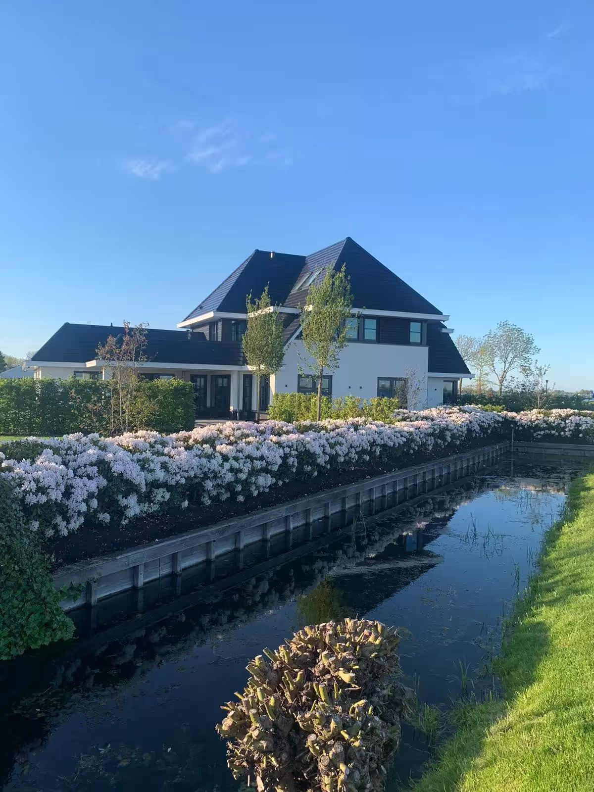 Moderne woning met zwarte dakpannen, witte gevel, bloemenhaag en water met grasveld.