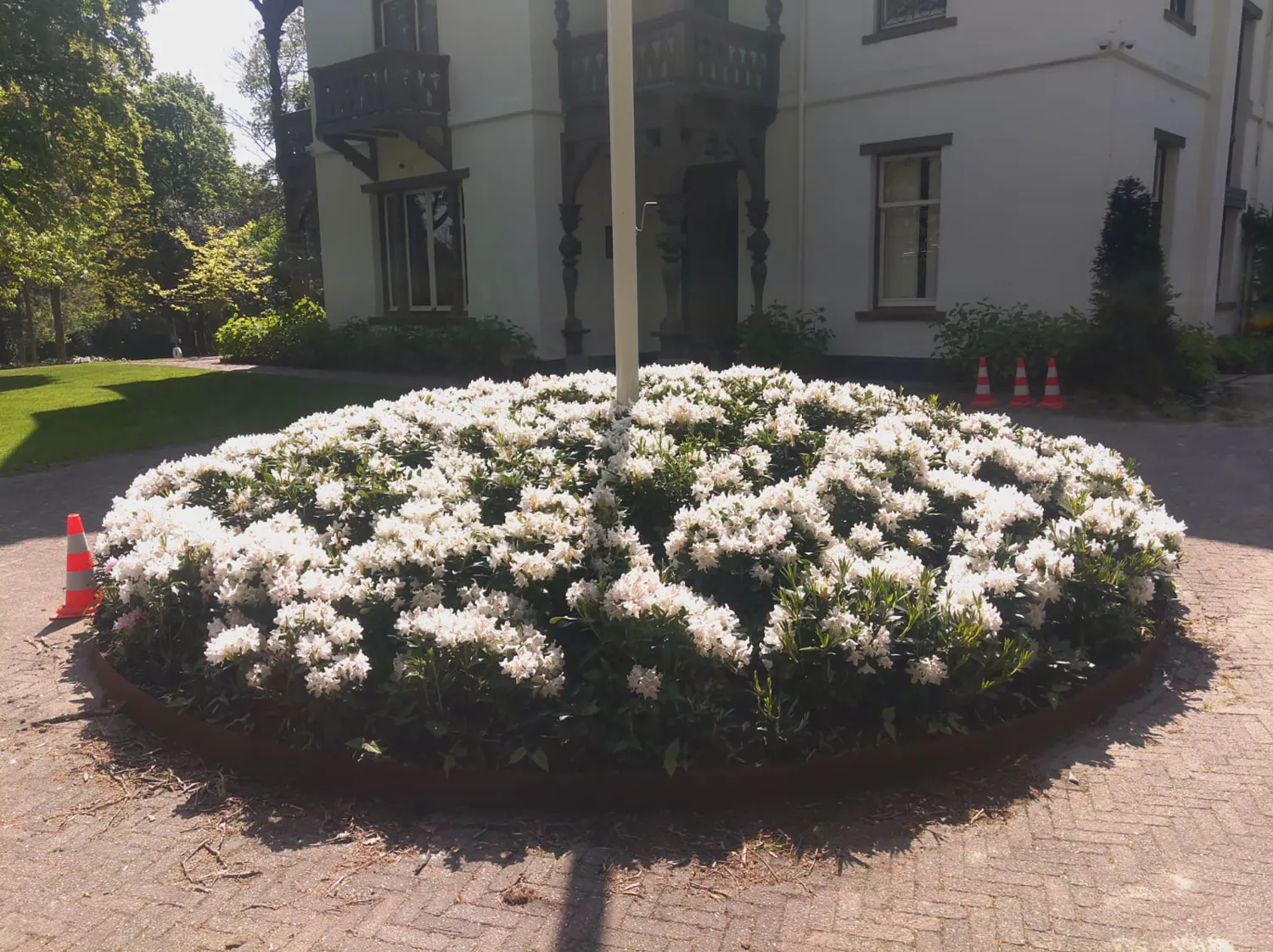 Rond vak met witbloeiende rhododendrons voor een witte villa