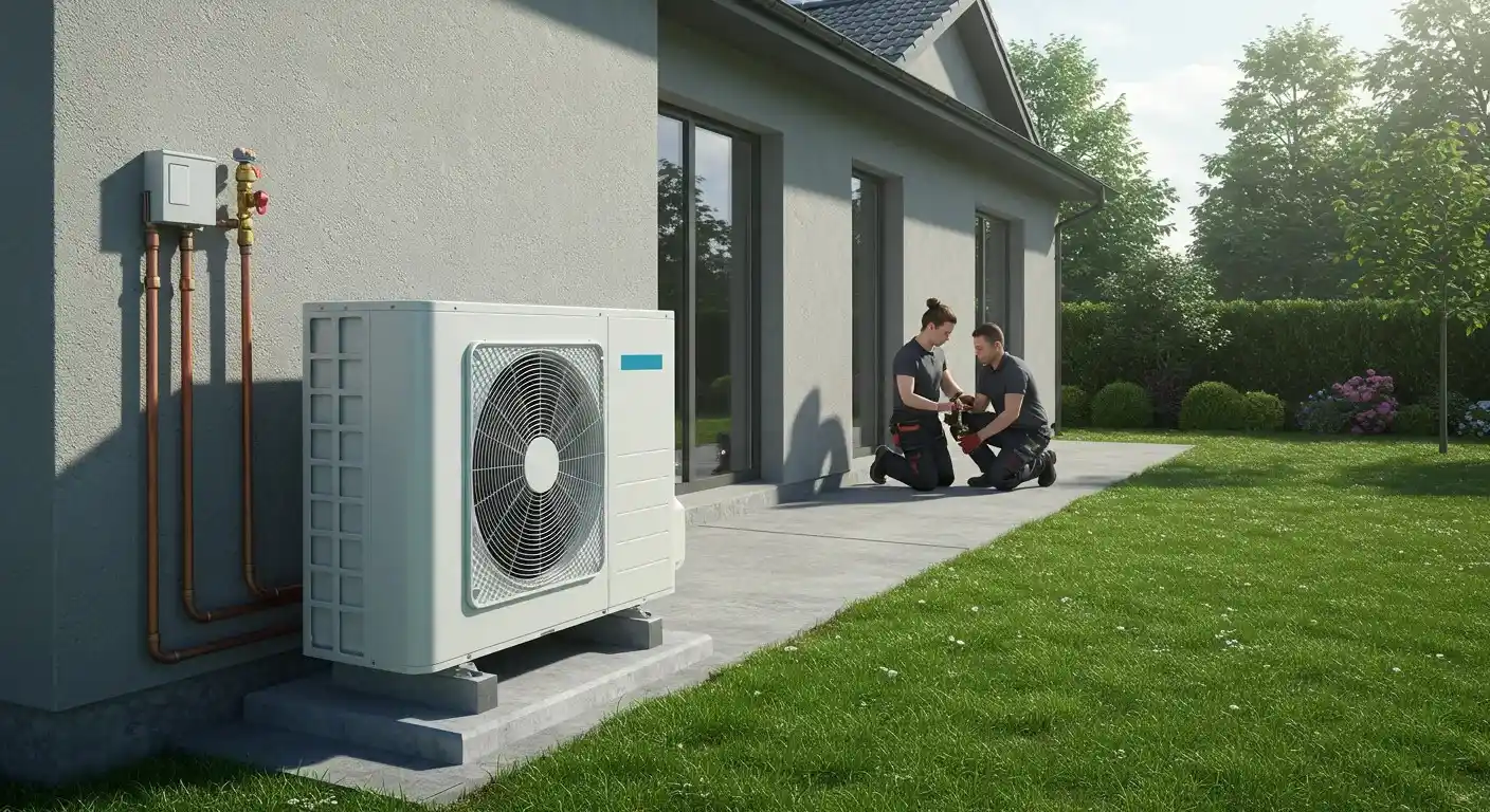 Compact heat pump unit in a backyard setup surrounded by greenery