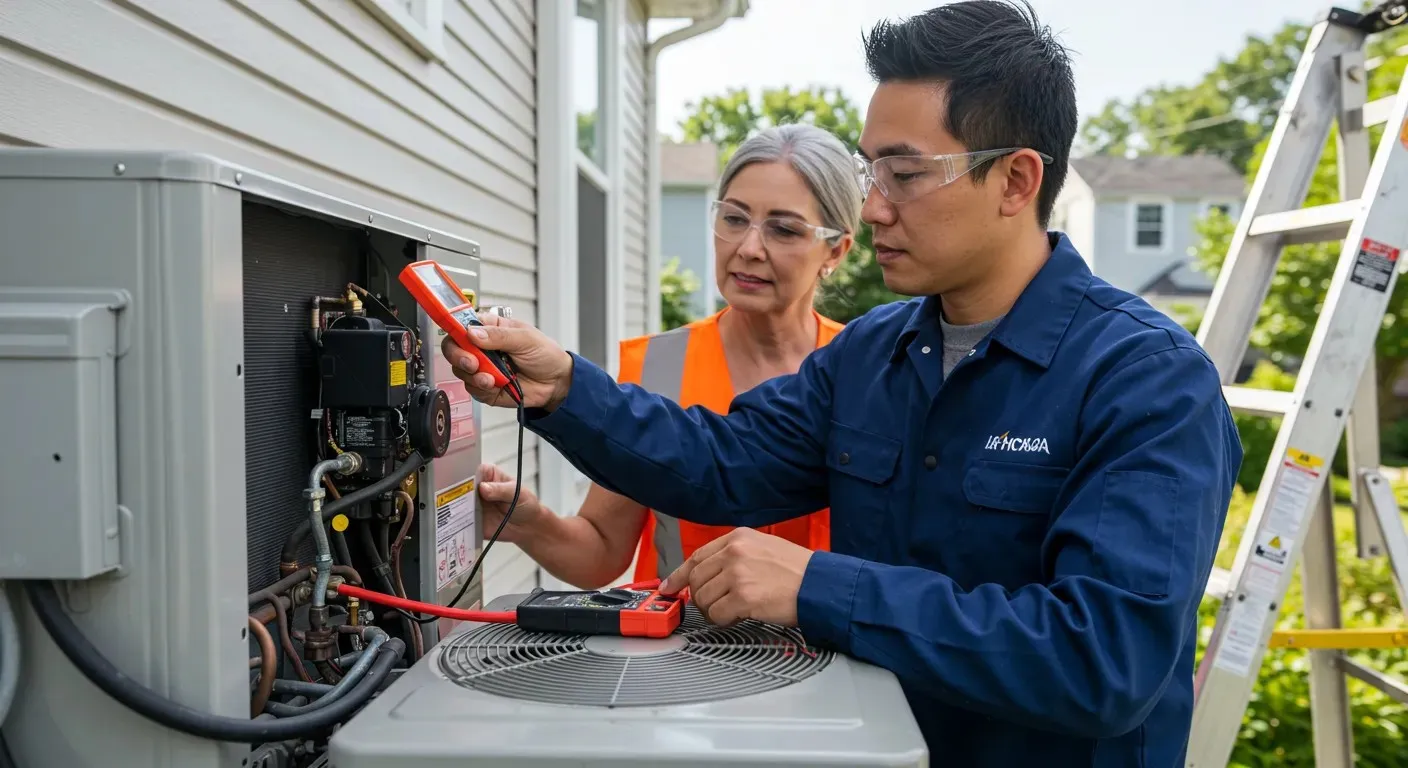 Two technicians testing internal components of outdoor AC unit with multimeter, panel open