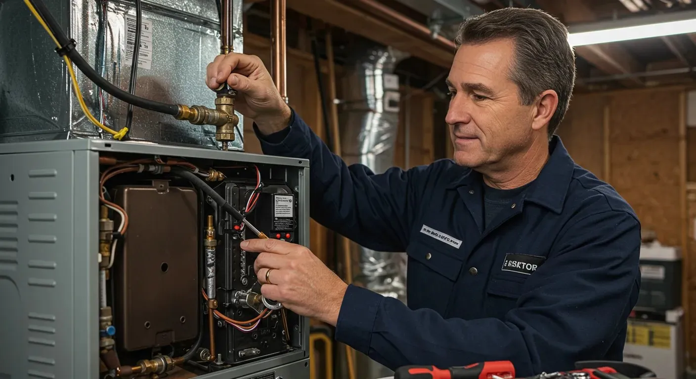 Furnace technician inspecting a residential heating system