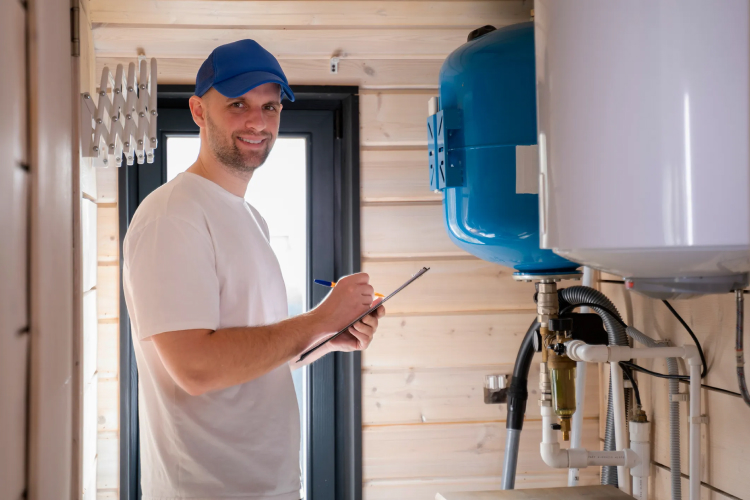 Technician monitoring water heater output and recording diagnostics