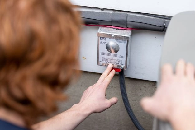 Technician examining a water heater