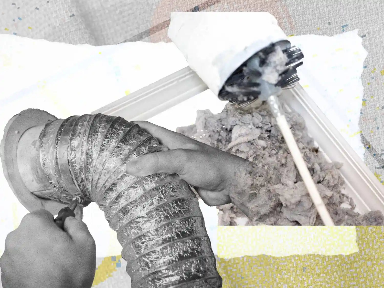 A collection of images including a duct brush cleaning; a hand tightening a duct to a mount; and a pile of dirt/dust.