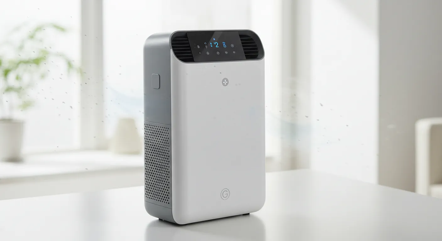Modern air purifier with LED display on white surface in bright indoor room with windows and plants