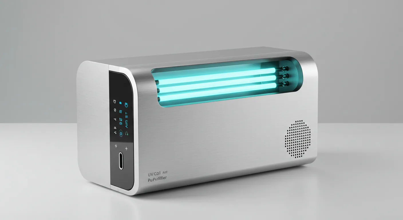 Sleek UV light air purifier with digital controls, glowing UV-C tubes, and vented side panel labeled 'UV Cell Act Pu Purifier