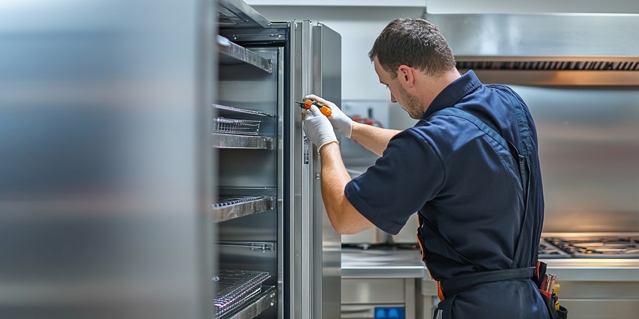 Technician in blue coveralls works on a commercial refrigerator inside a restaurant kitchen.