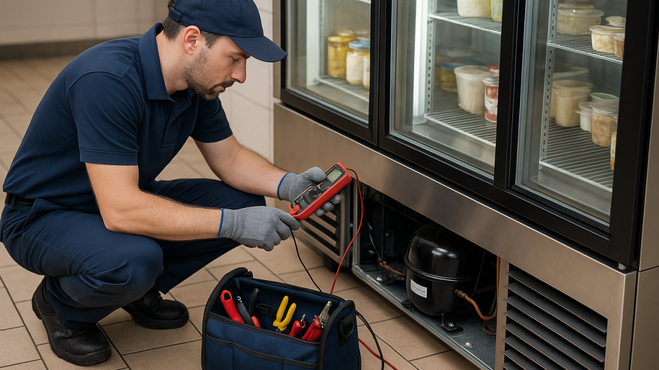 A technician uses an electric measurement tool to inspect the bottom portion of a commercial kitchen refrigeration.