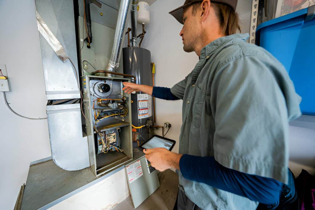 The image depicts a technician inspecting or servicing a central air conditioning or HVAC system.