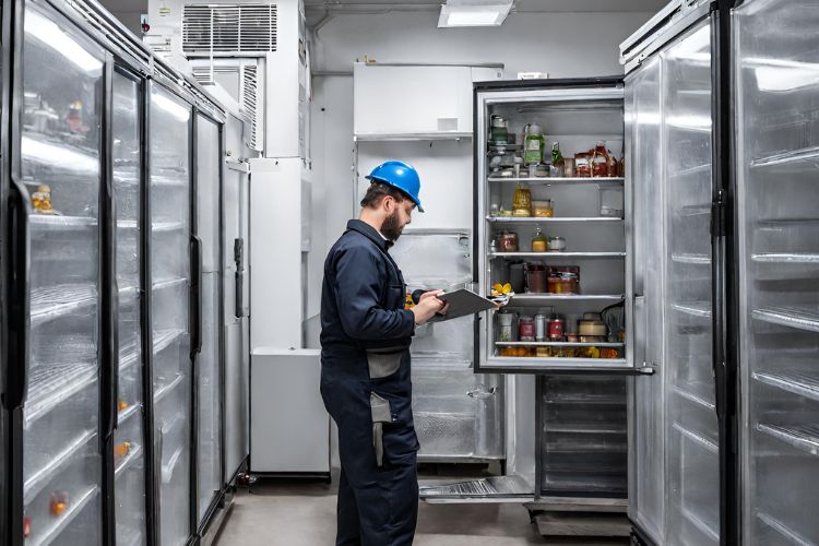 The image depicts a technician inspecting a commercial refrigeration unit, likely in a setting like a restaurant, supermarket, or other food service establishment.