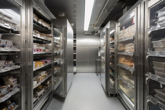 The image shows a commercial walk-in cooler or freezer, likely in a food service or retail setting, equipped with numerous stainless steel commercial refrigeration units.