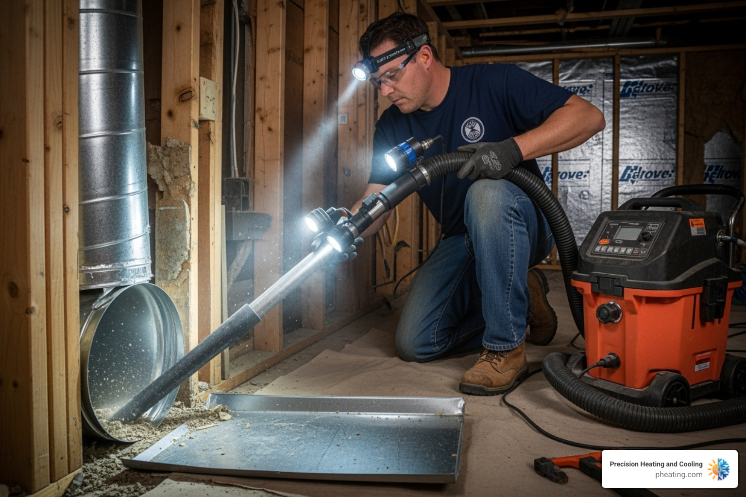 technician using a high-powered vacuum on a duct system - furnace vent cleaning near me